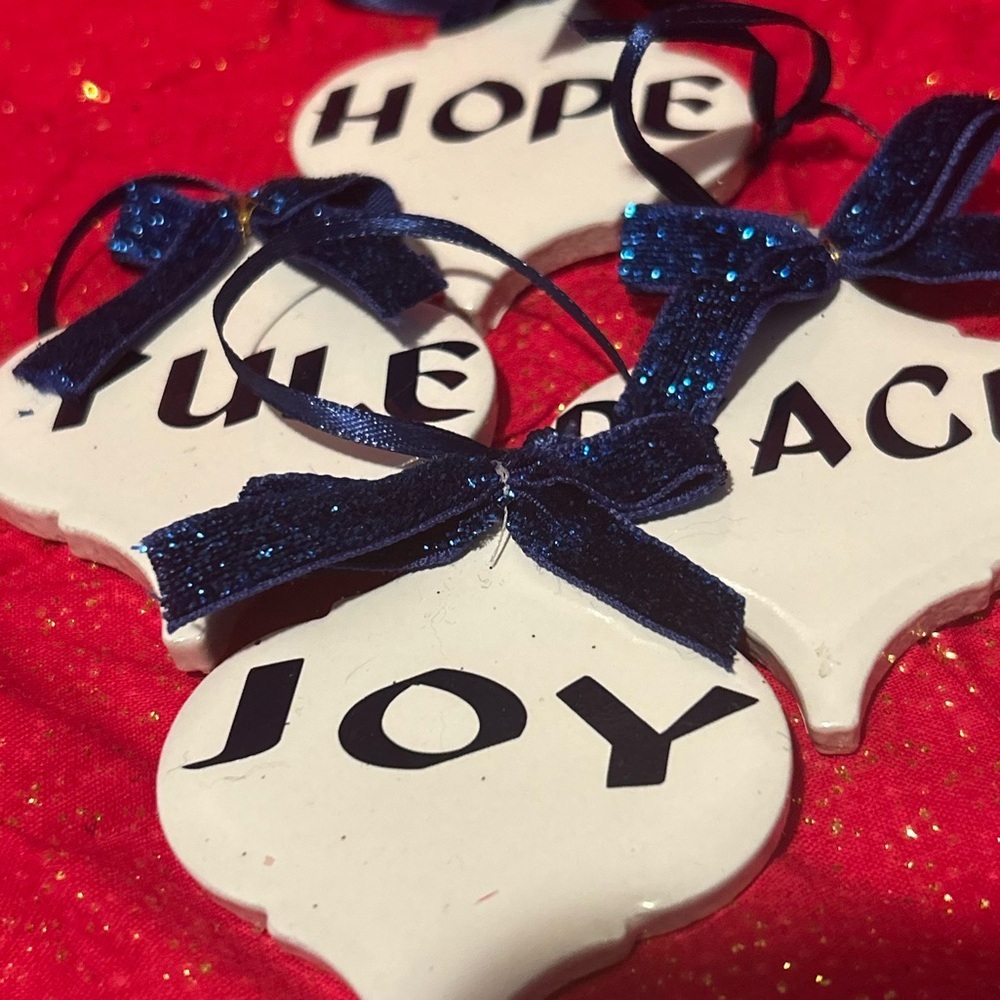 Holiday Ornament Set with Blue Accents- Joy- hope- yule-peace- handcrafted- new
